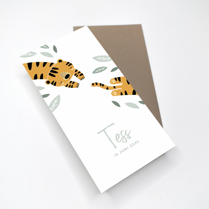 Geboortekaartje Blaadjes en tijger Geboortekaartje Blaadjes en tijger