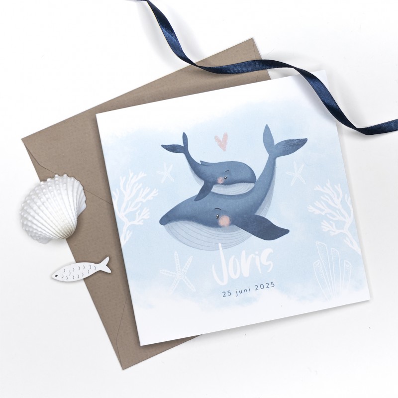 Geboortekaartje Blauw met baby walvis Geboortekaartje Blauw met baby walvis