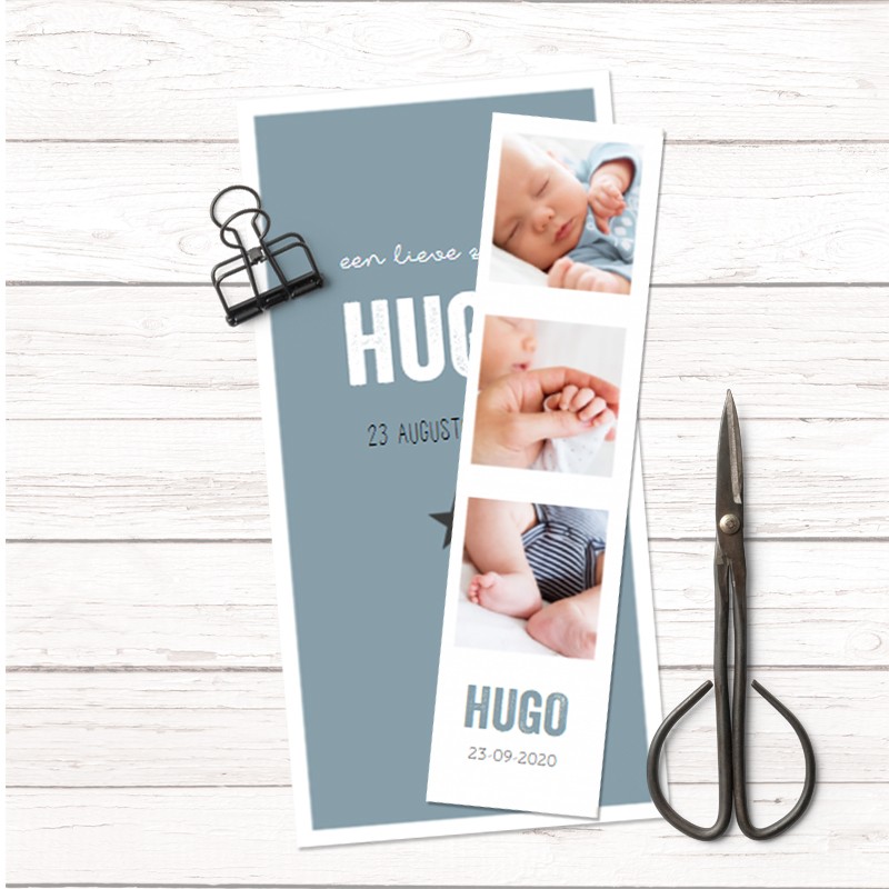 Geboortekaartje Blauw met fotostrip Geboortekaartje Blauw met fotostrip