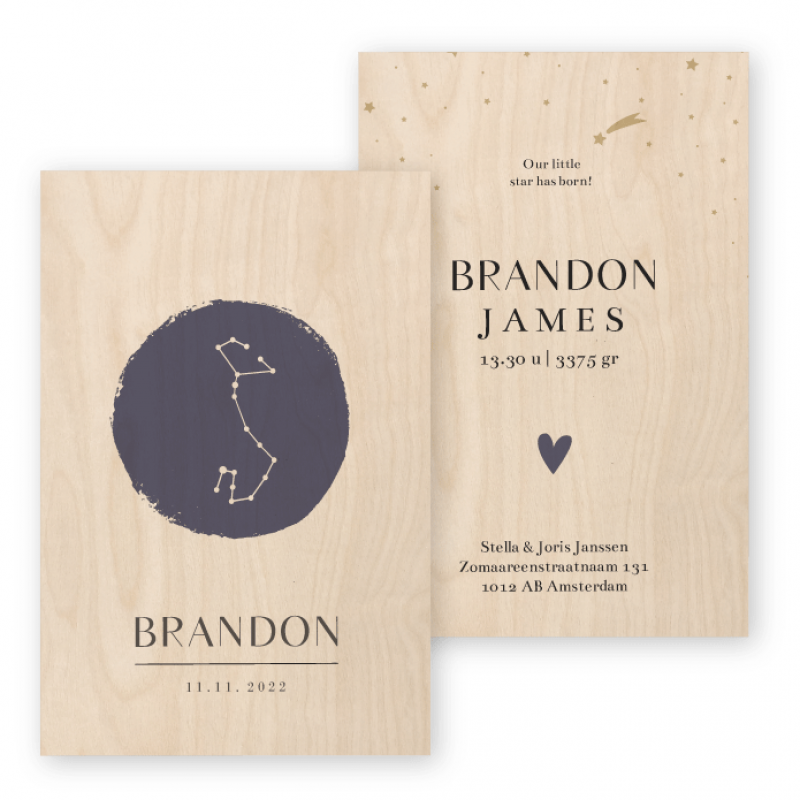 Geboortekaartje Echt hout Brandon Geboortekaartje Echt hout Brandon