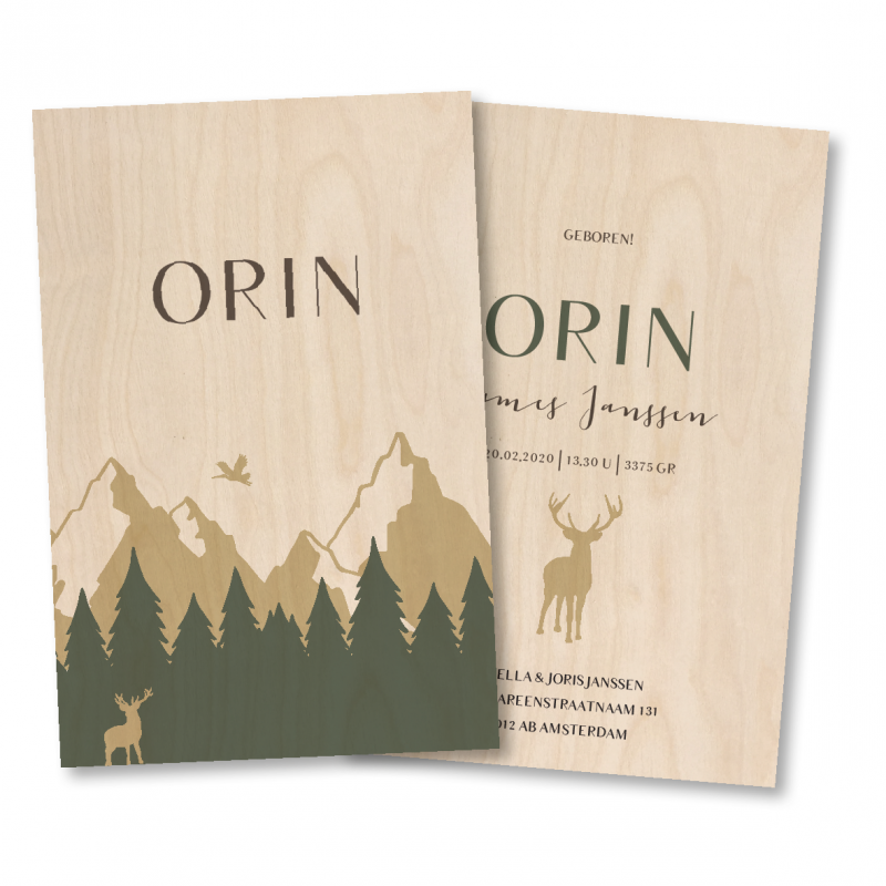 Geboortekaartje Echt Hout Orin Geboortekaartje Echt Hout Orin