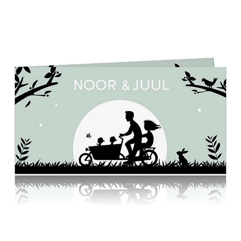 Geboortekaartje Gezin in bakfiets silhouet