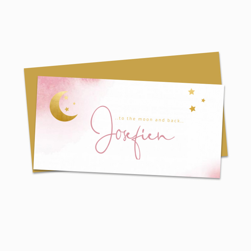 Geboortekaartje Goud maan waterverf roze Geboortekaartje Goud maan waterverf roze