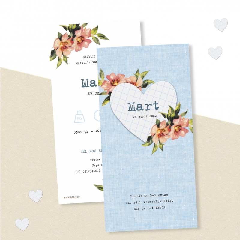 Geboortekaartje Hart met bloemen Geboortekaartje Hart met bloemen