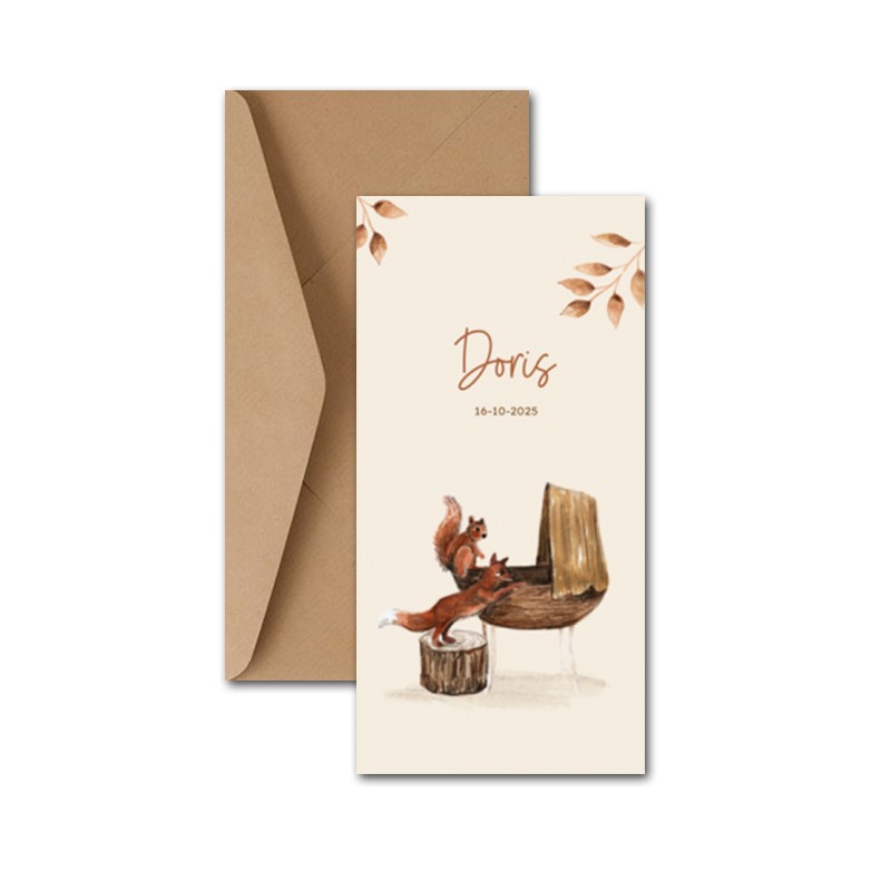 Geboortekaartje Herfst wiegje bosdieren Geboortekaartje Herfst wiegje bosdieren