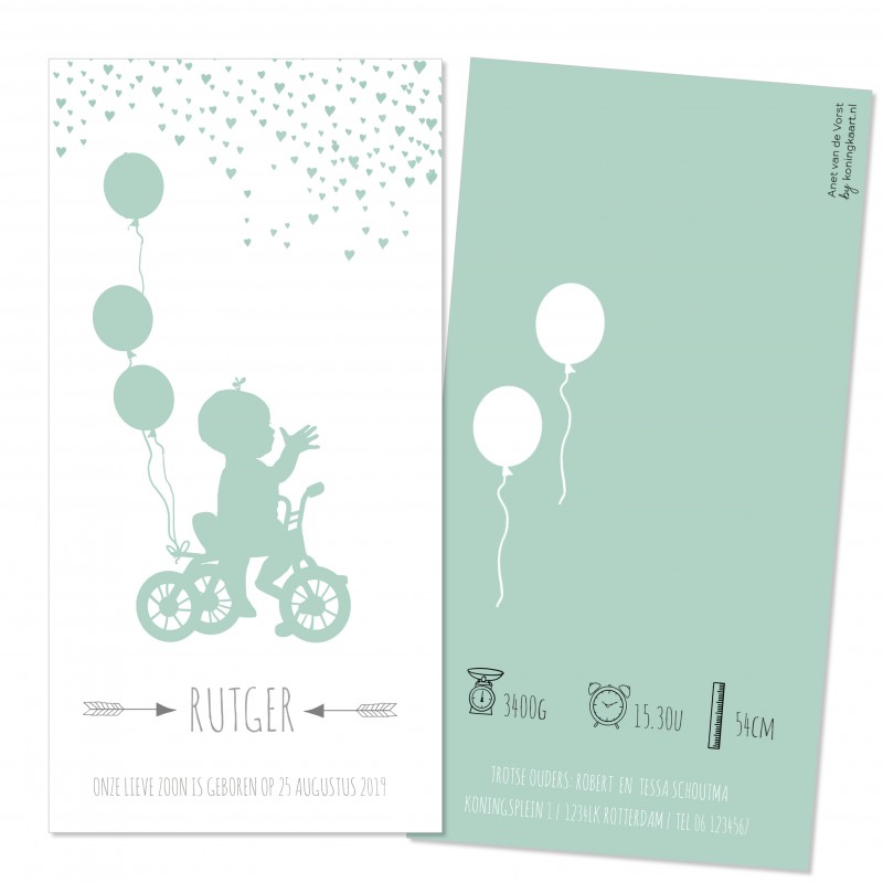 Geboortekaartje Jongen op fiets met ballon
