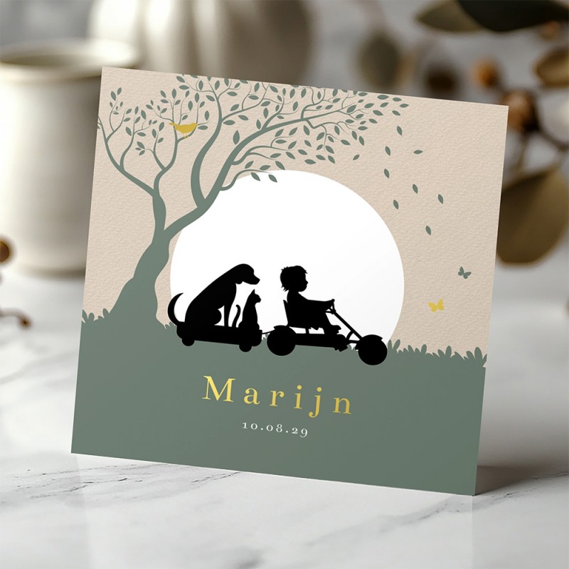 Geboortekaartje Jongen op skelter met hond