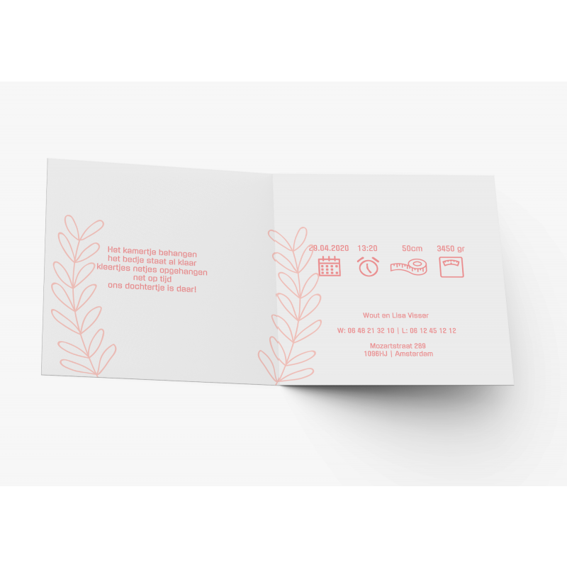 Geboortekaartje Kaartje roze met veren Geboortekaartje Kaartje roze met veren