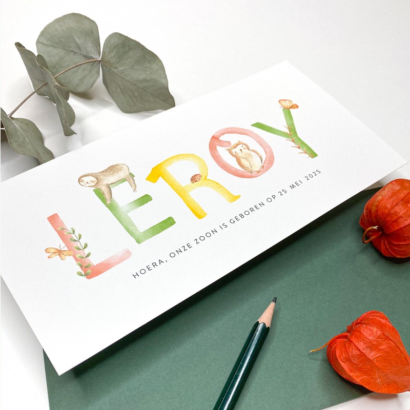Geboortekaartje Letters met bosdieren Geboortekaartje Letters met bosdieren