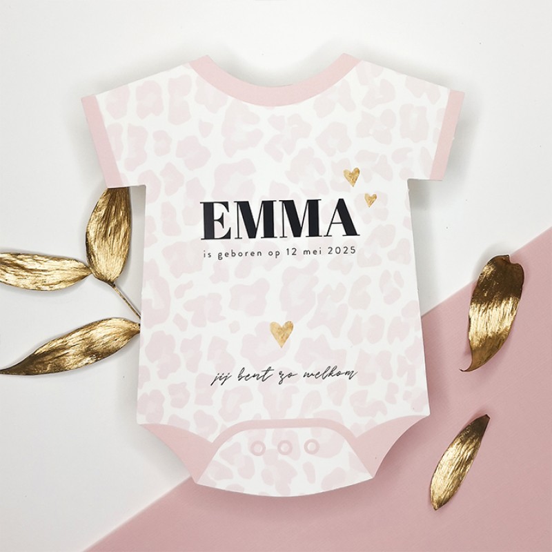 Geboortekaartje Roze panterprint romper Geboortekaartje Roze panterprint romper