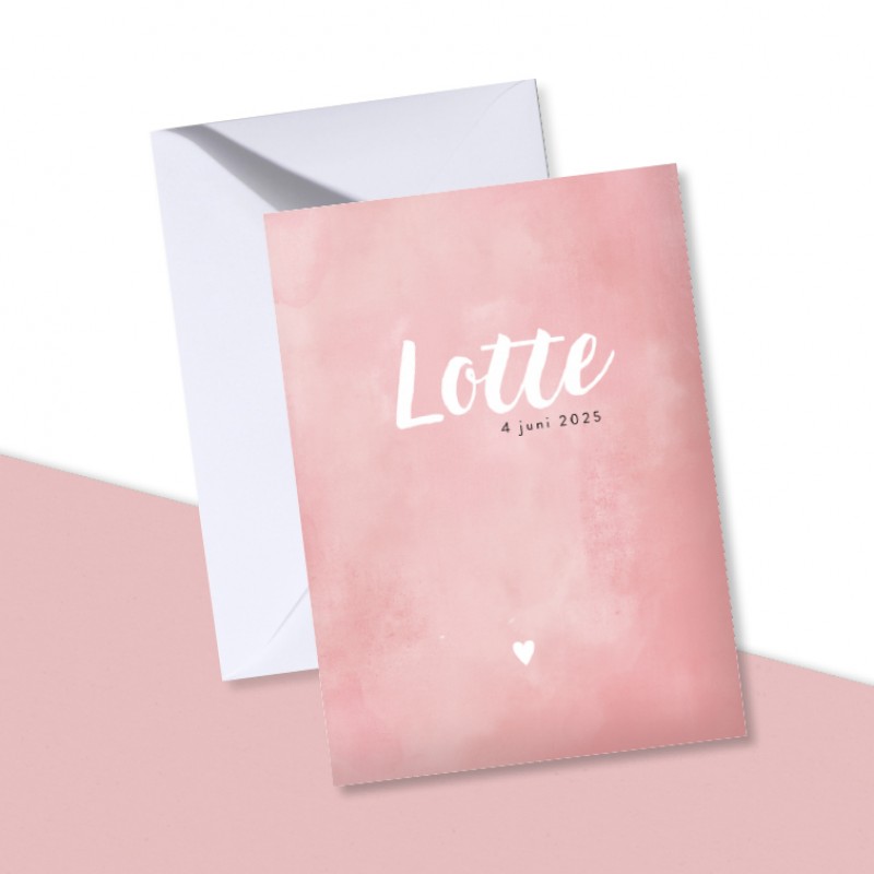 Geboortekaartje Roze waterverf en hartje Geboortekaartje Roze waterverf en hartje