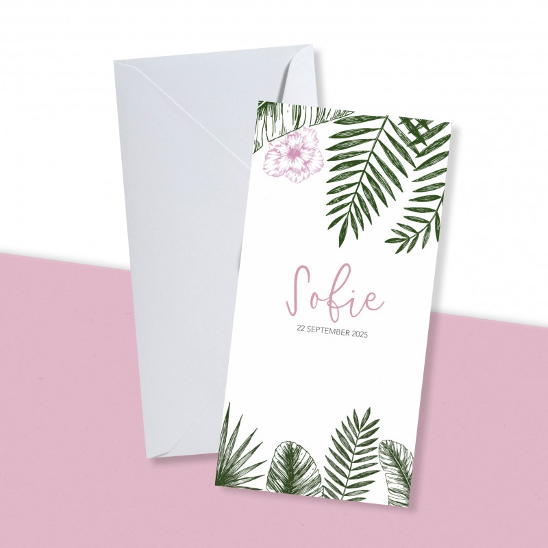 Geboortekaartje Tropisch met roze bloem Geboortekaartje Tropisch met roze bloem