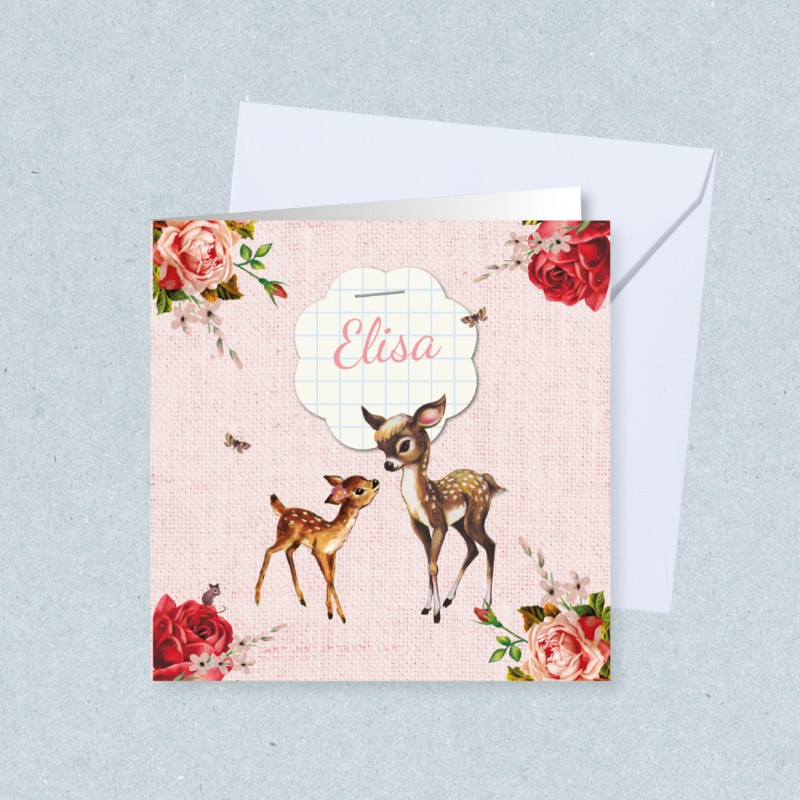 Geboortekaartje Vintage hertje met bloemen Geboortekaartje Vintage hertje met bloemen