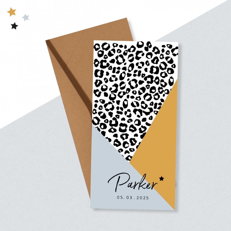 Geboortekaartje Vlakken met panterprint Geboortekaartje Vlakken met panterprint