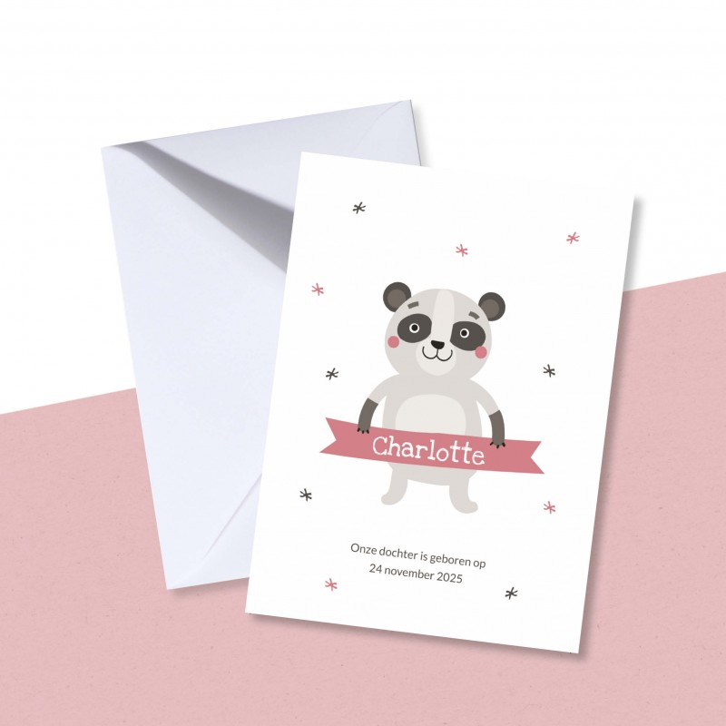 Geboortekaartje Wasbeertje en roze banner Geboortekaartje Wasbeertje en roze banner