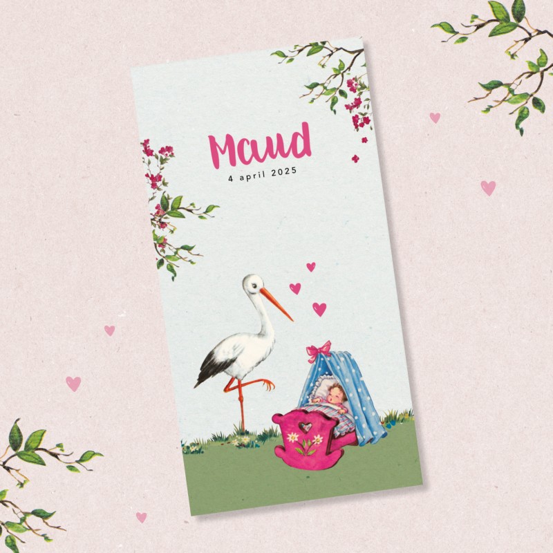 Geboortekaartje Wiegje met ooievaar Geboortekaartje Wiegje met ooievaar