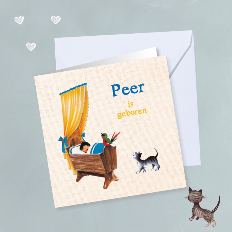 Geboortekaartje Wiegje met poesje Geboortekaartje Wiegje met poesje