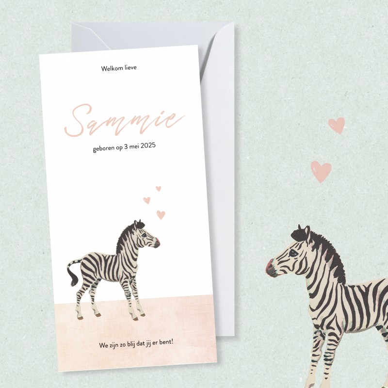 Geboortekaartje Zebra met hartjes Geboortekaartje Zebra met hartjes