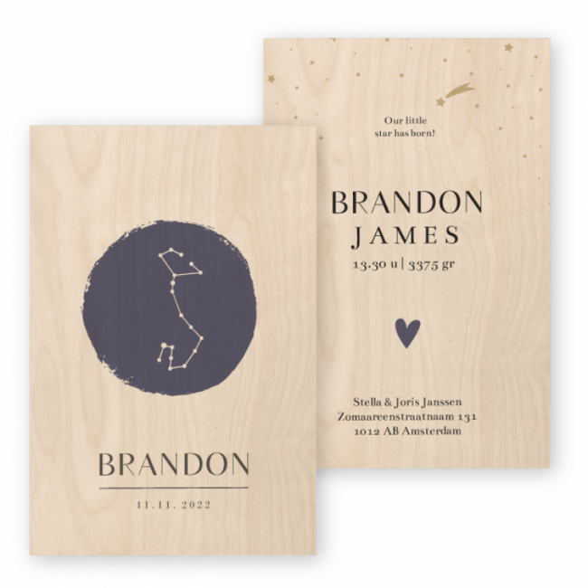 Geboortekaartje Echt hout Brandon