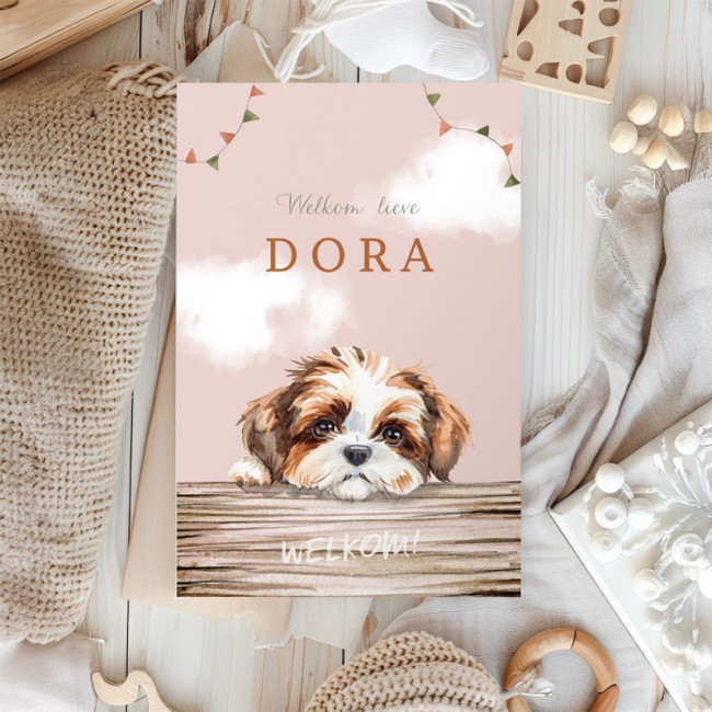 Geboortekaartje Roze met hondje (Shih-Tzu)