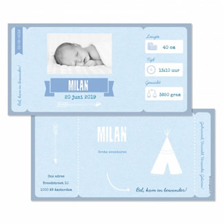 Geboortekaartje Ticket met foto + tipitent